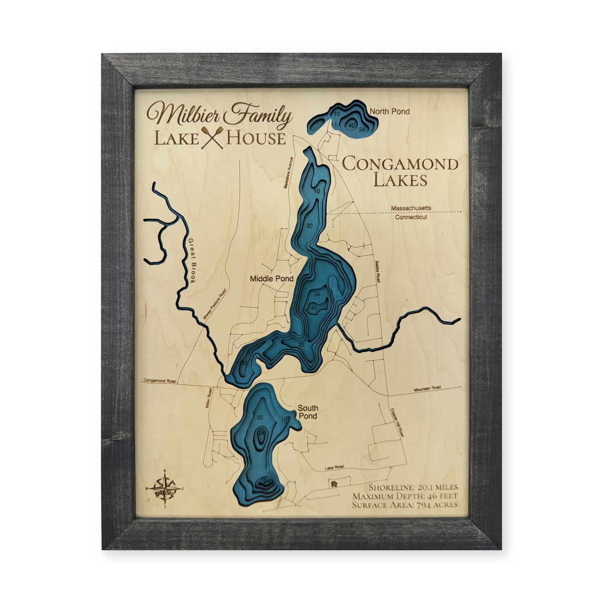 Congamond Lakes, Massachusetts and Connecticut Wood Map — plain-background photo [MC20261007 q0506 2168da896fcf]