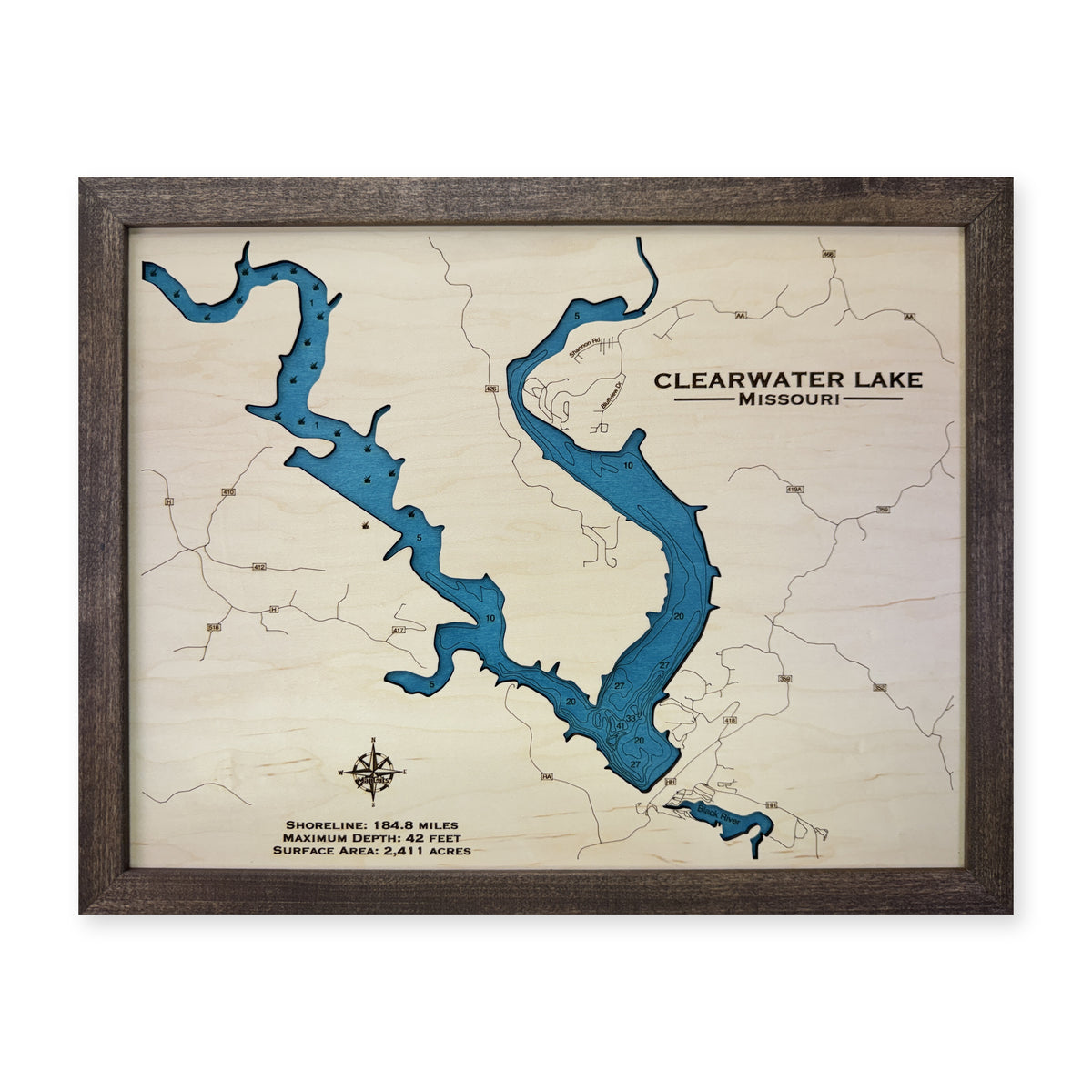 Clearwater Lake Missouri Wood Map — plain-background photo [MC20261007 q0527 e02e37a5161a]