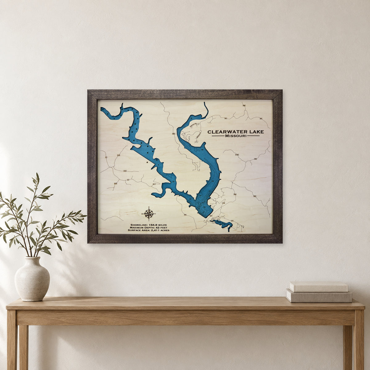 Clearwater Lake Missouri Wood Map — room mockup [MC20261007 q0527 41d1acd13cec]