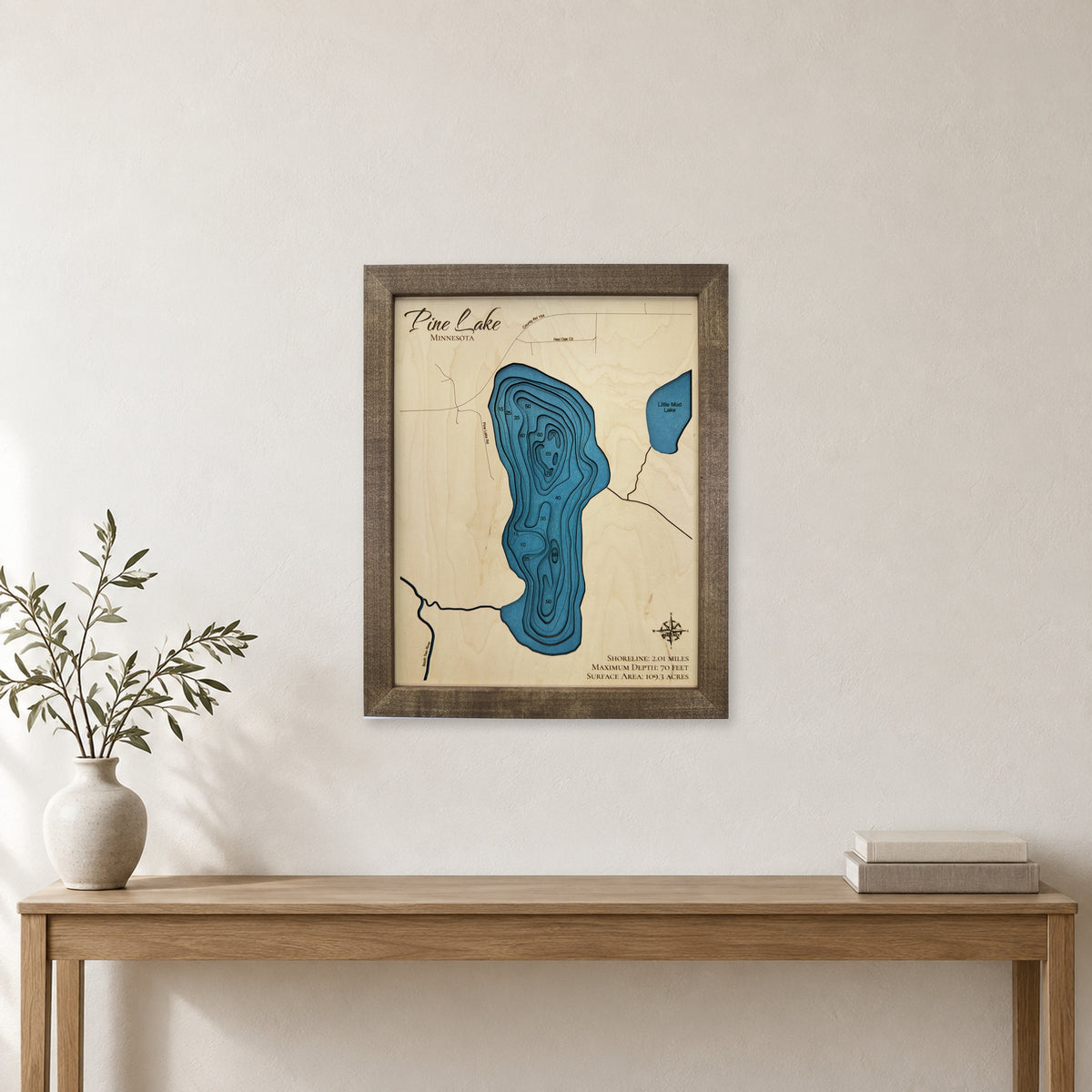 Pine Lake Stearns County Minnesota Wood Map — room mockup [MC20261007 q0538 269f694f1564]
