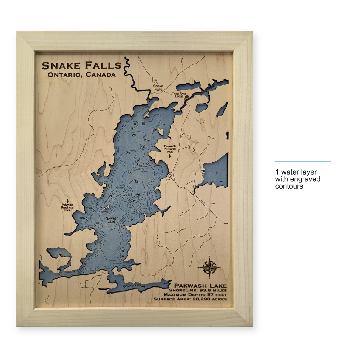 Snake Falls Pakwash Lake Ontario Wood Map — style-labeled photo [MC20261007 q0601 a79ef1ac09c7]