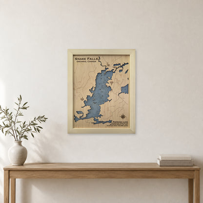 Snake Falls Pakwash Lake Ontario Wood Map — room mockup [MC20261007 q0601 ae8f3387fe3e]