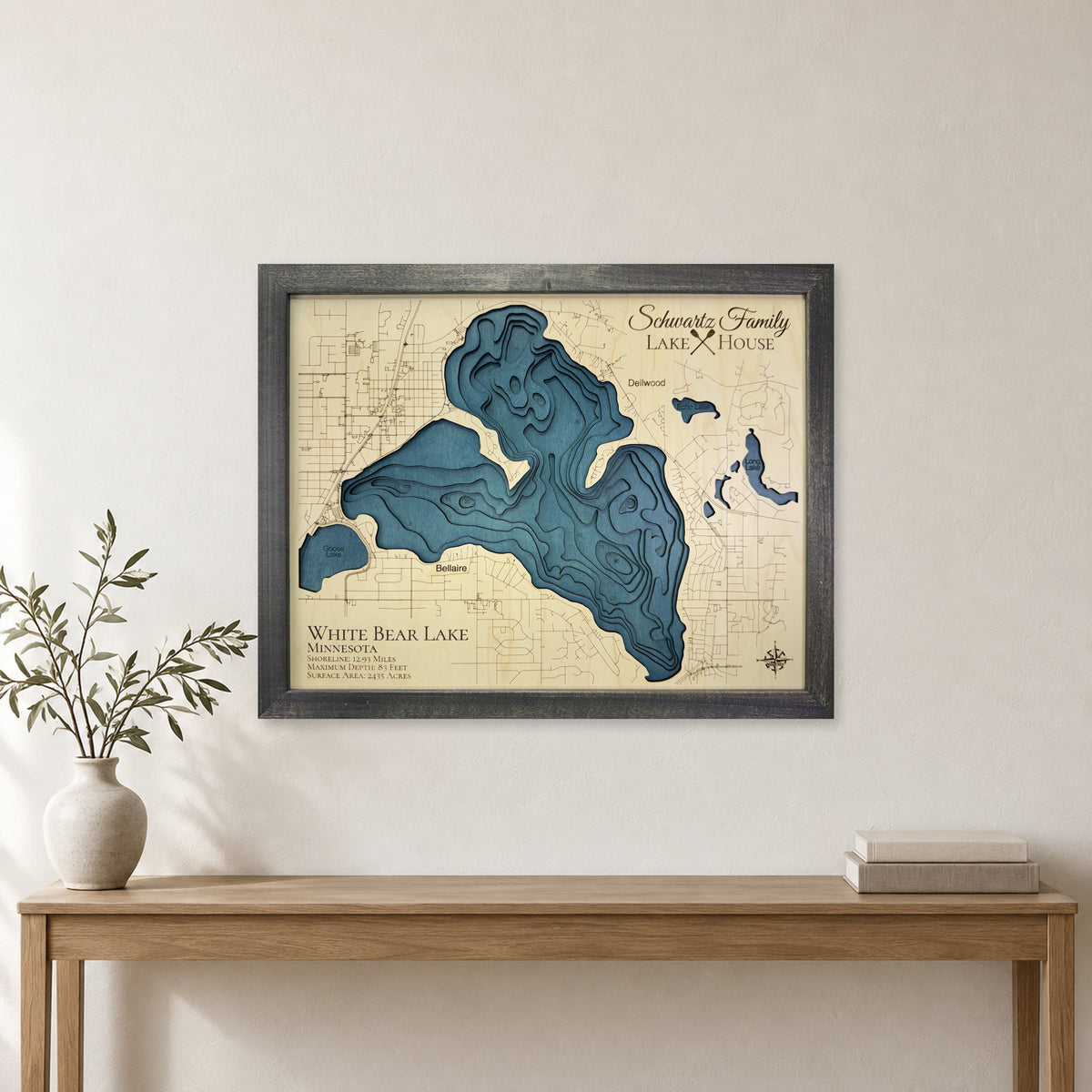 White Bear Lake Minnesota Wood Map — room mockup [MC20261007 q0603 4540634da487]