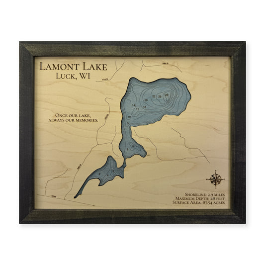 Lamont Lake Luck Wisconsin Wood Map — plain-background photo [MC20261007 q0893 d360c2d0224c]