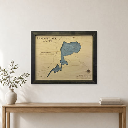 Lamont Lake Luck Wisconsin Wood Map — room mockup [MC20261007 q0893 6ae8bc1bfded]