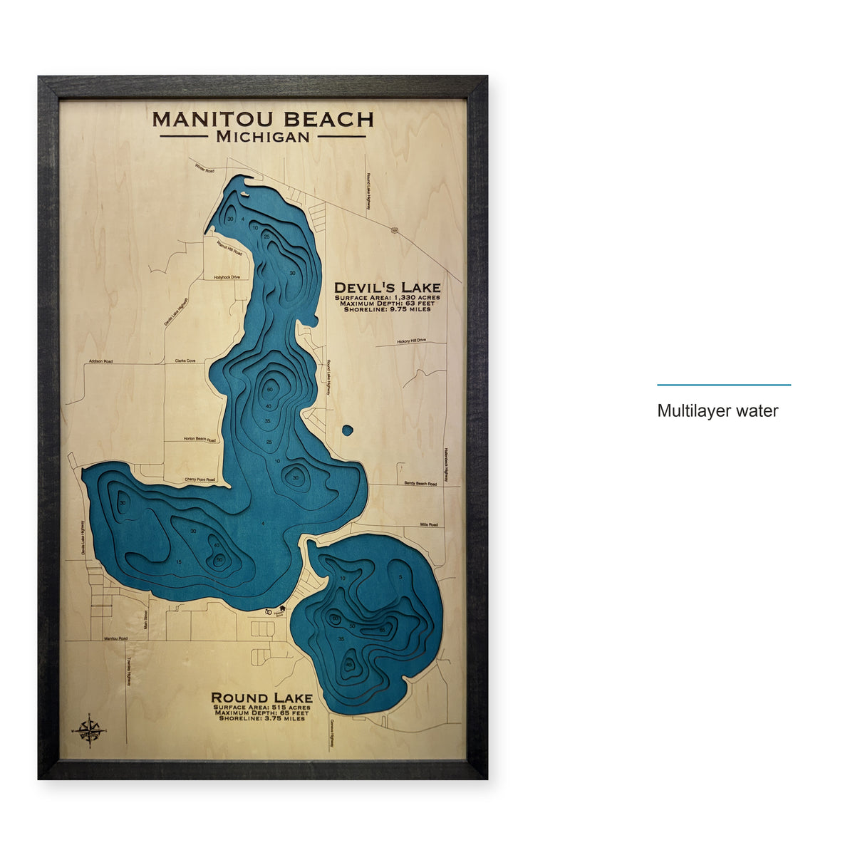 Manitou Beach Devils and Round Lakes Michigan Multilayer Wood Map — style-labeled photo [MC20261007 q0924 6bd5dbd2fe38]