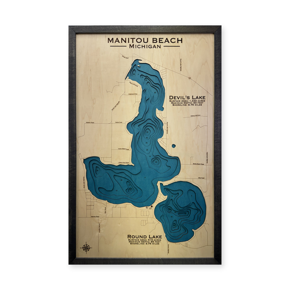 Manitou Beach Devils and Round Lakes Michigan Multilayer Wood Map — plain-background photo [MC20261007 q0924 8ebfd0789d51]