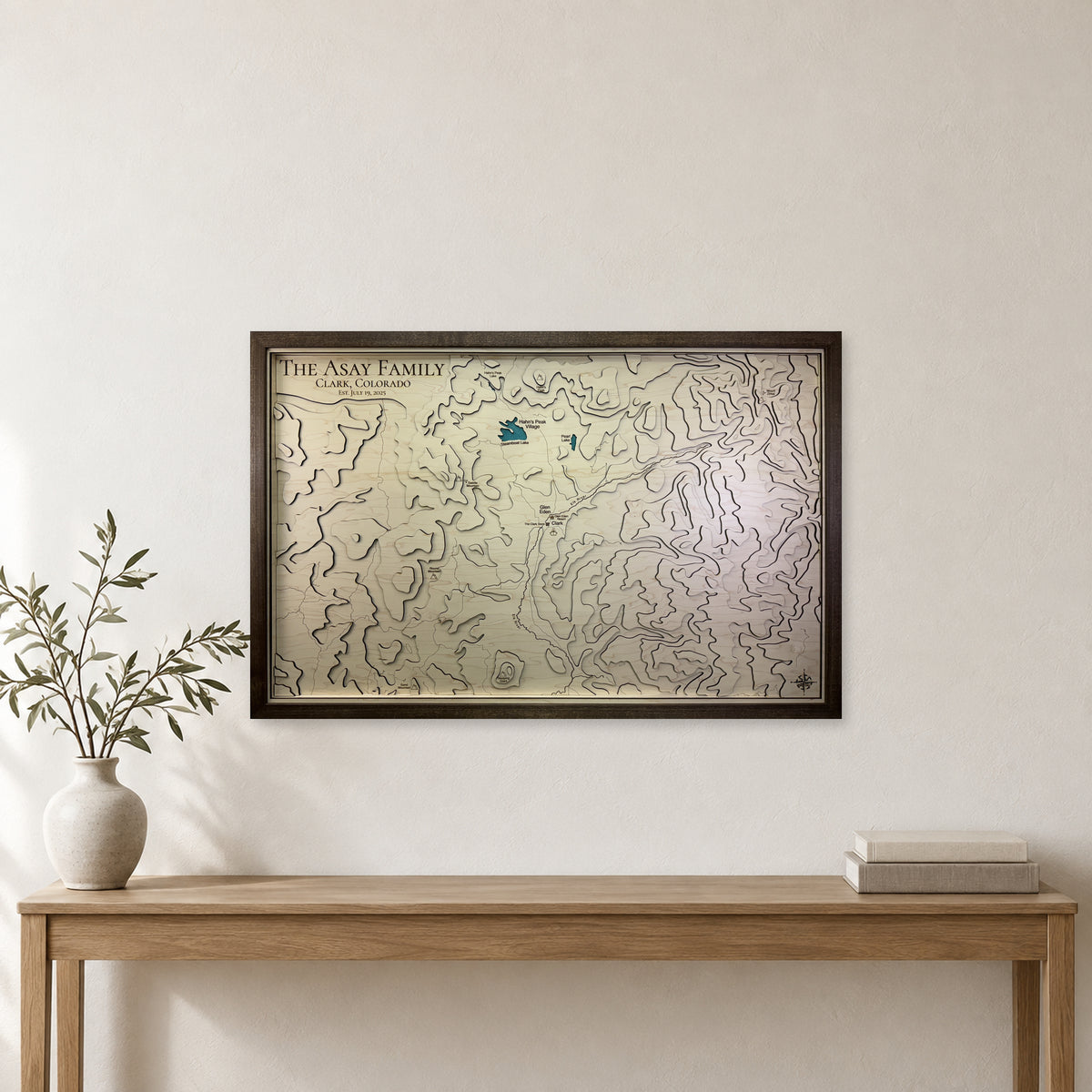 Clark Colorado Topographic Wood Map — room mockup [MC20261007 q0987 8ab2590e0a48]