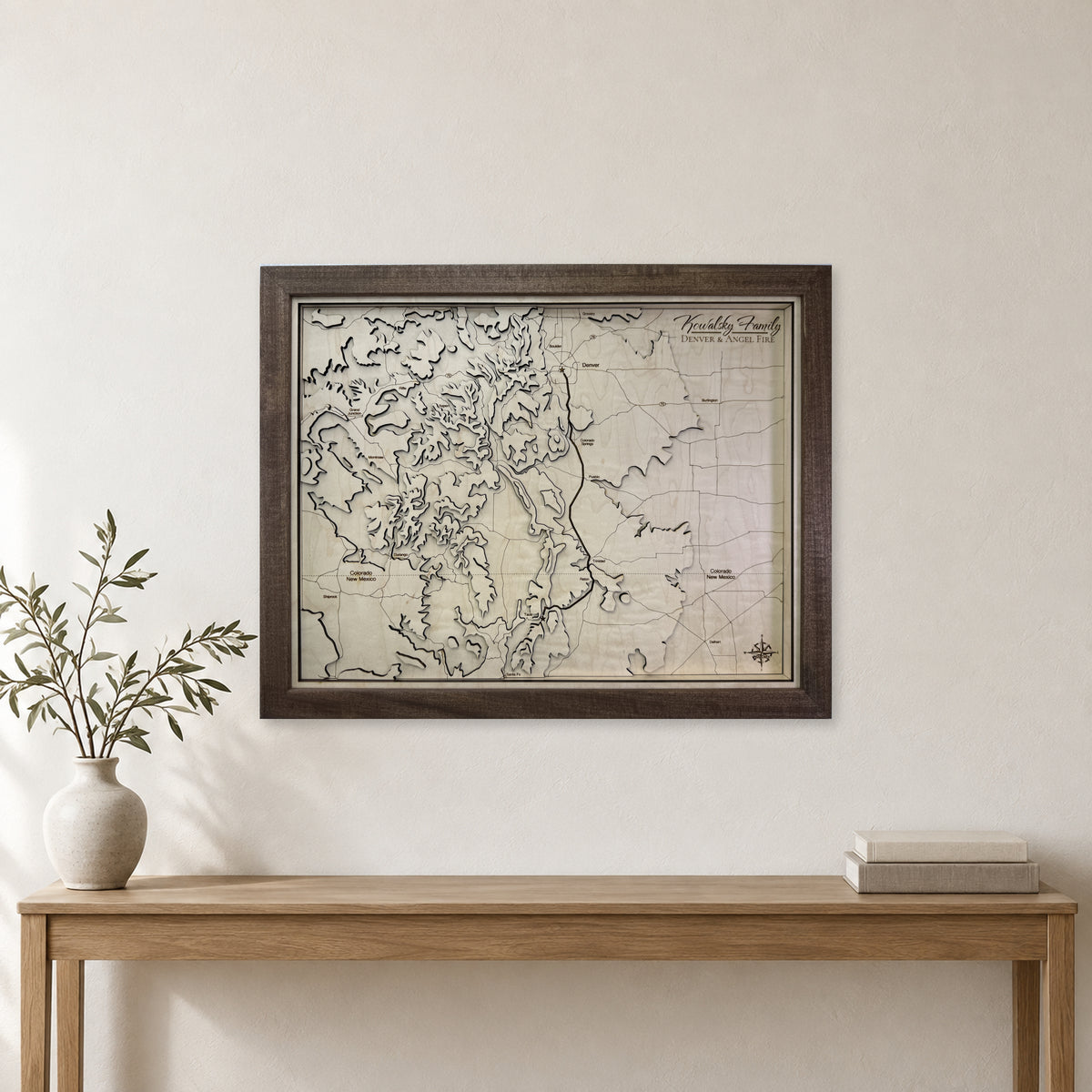 Denver and Angel Fire Colorado New Mexico Topographic Wood Map — room mockup [MC20261007 q1012 69326f31116d]