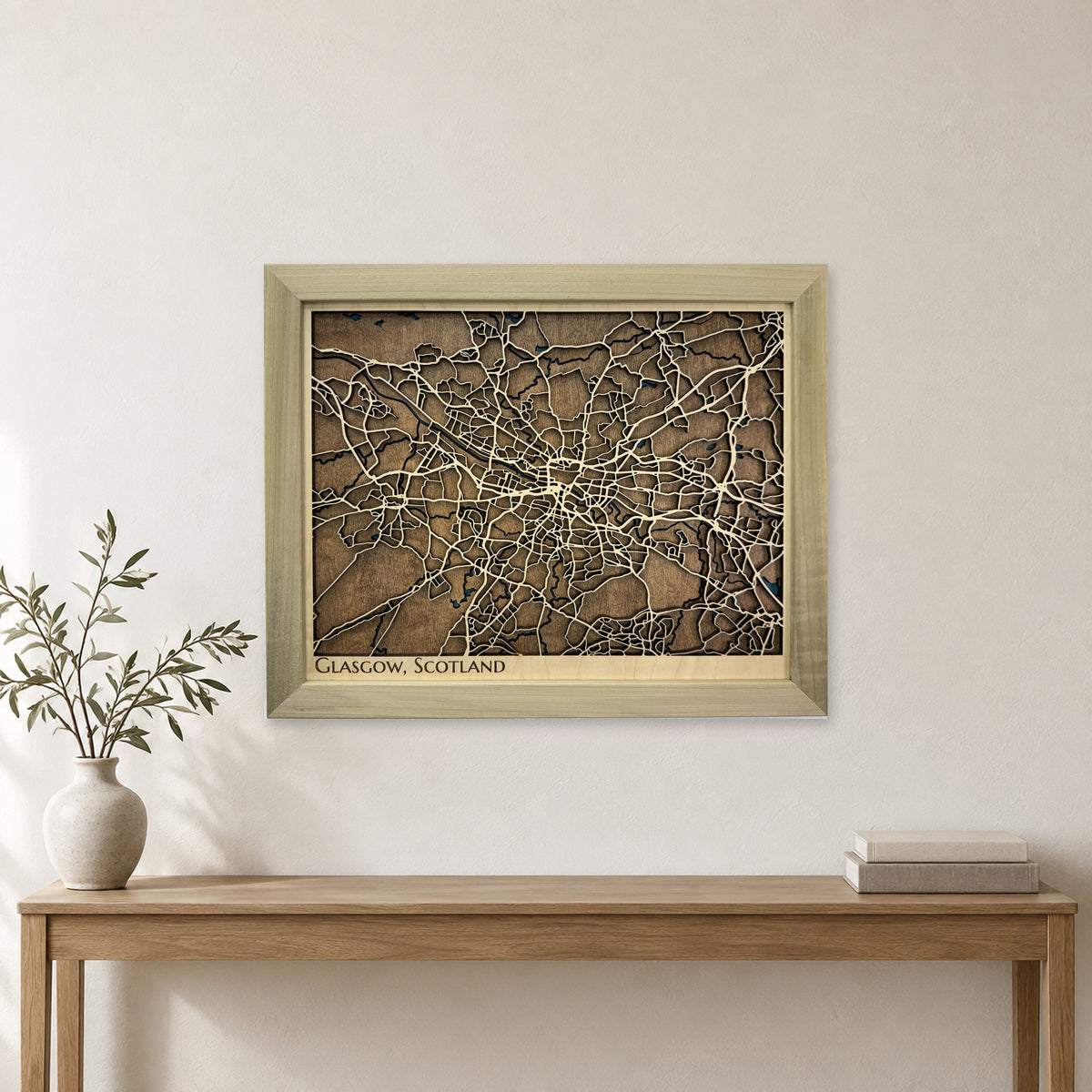 Glasgow Scotland Wood City Map — room mockup [MC20261007 q1035 45e1314d000c]