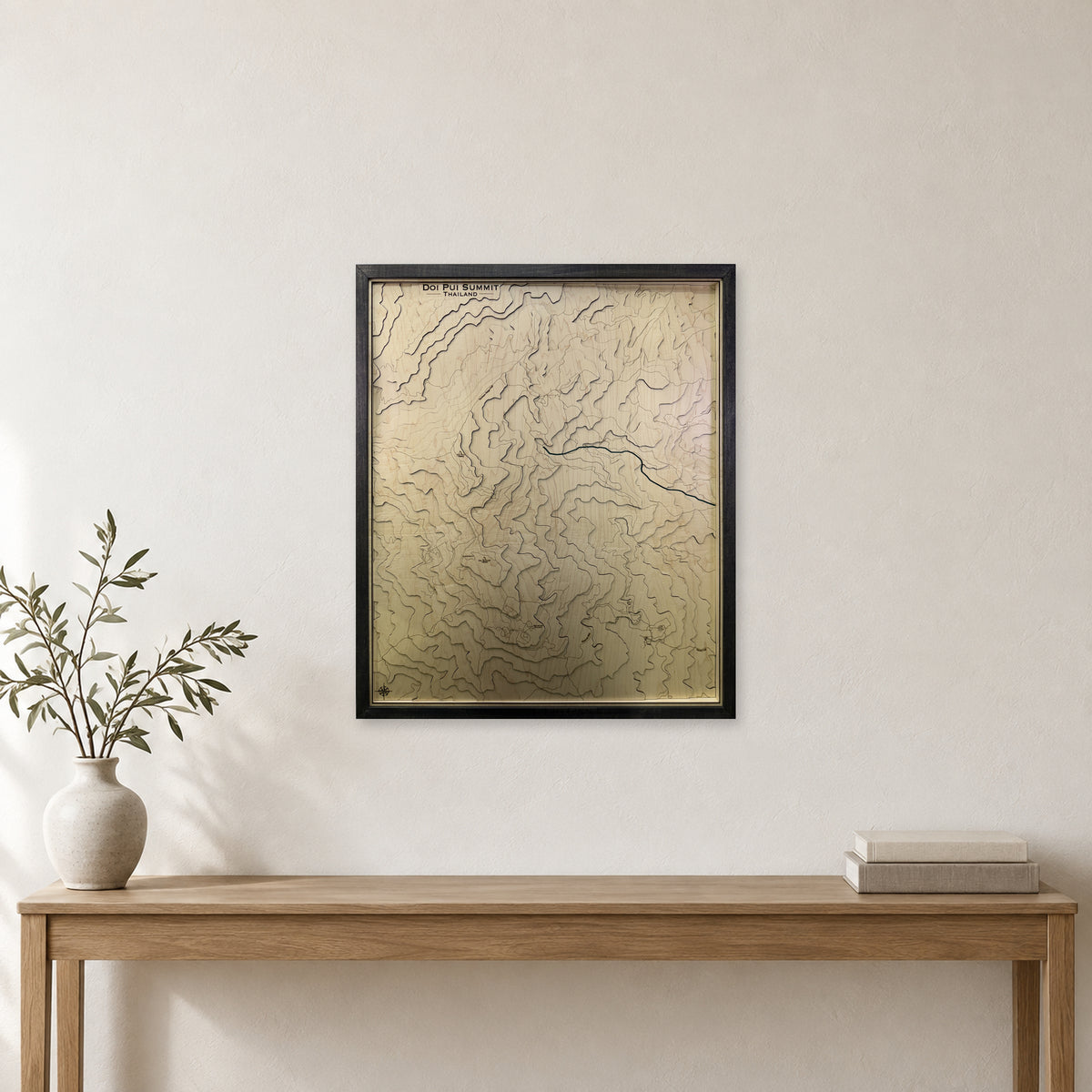 Doi Pui Summit Thailand Topographic Wood Map — room mockup [MC20261007 q1702 7dba4dea29ee]