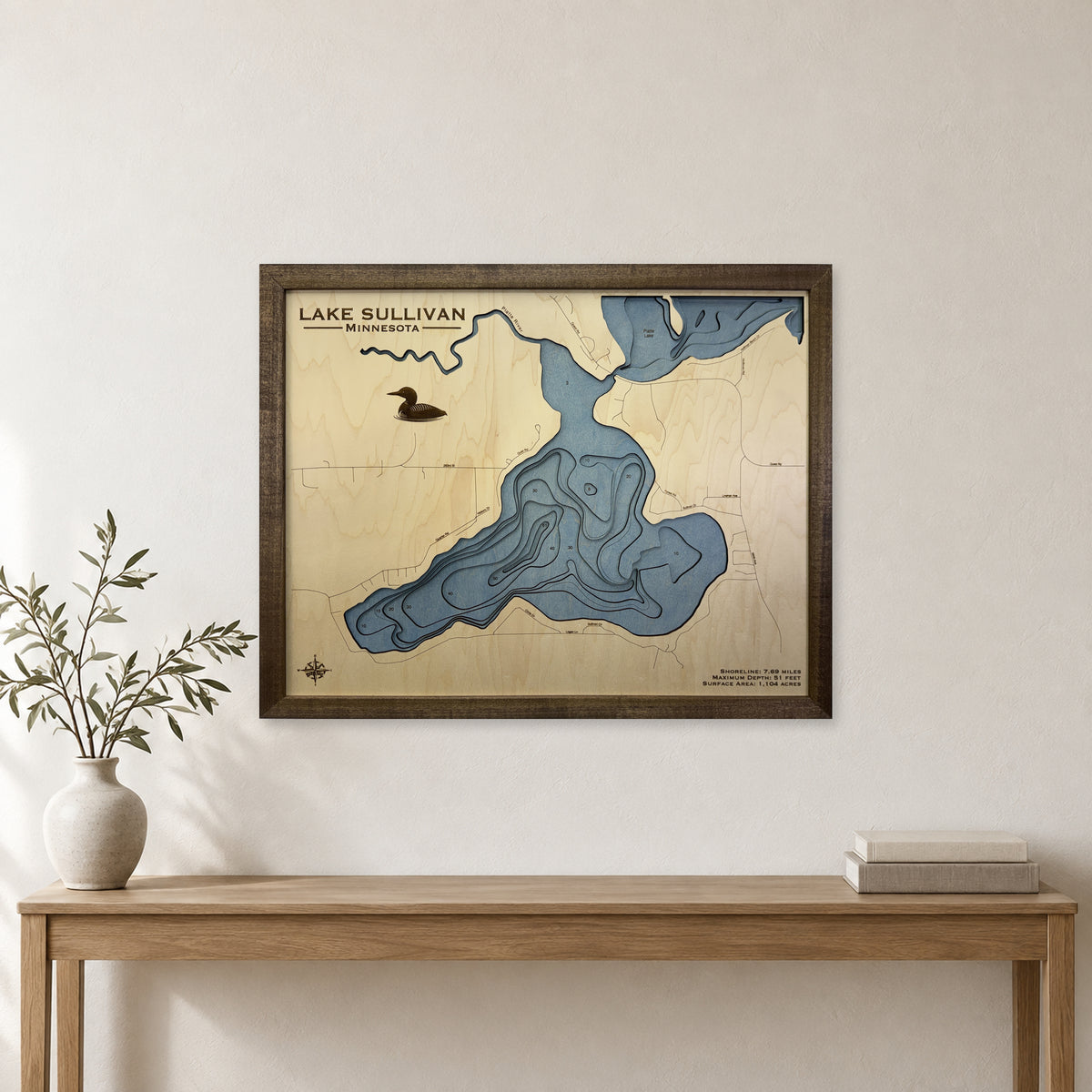 Lake Sullivan Minnesota Multilayer Wood Map — room mockup [MC20261007 q2086 cce77bb5fe5f]