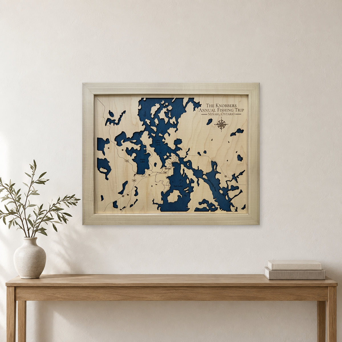 Minaki Ontario Wood Map — room mockup [MC20261007 q2100 e562089c2dae]