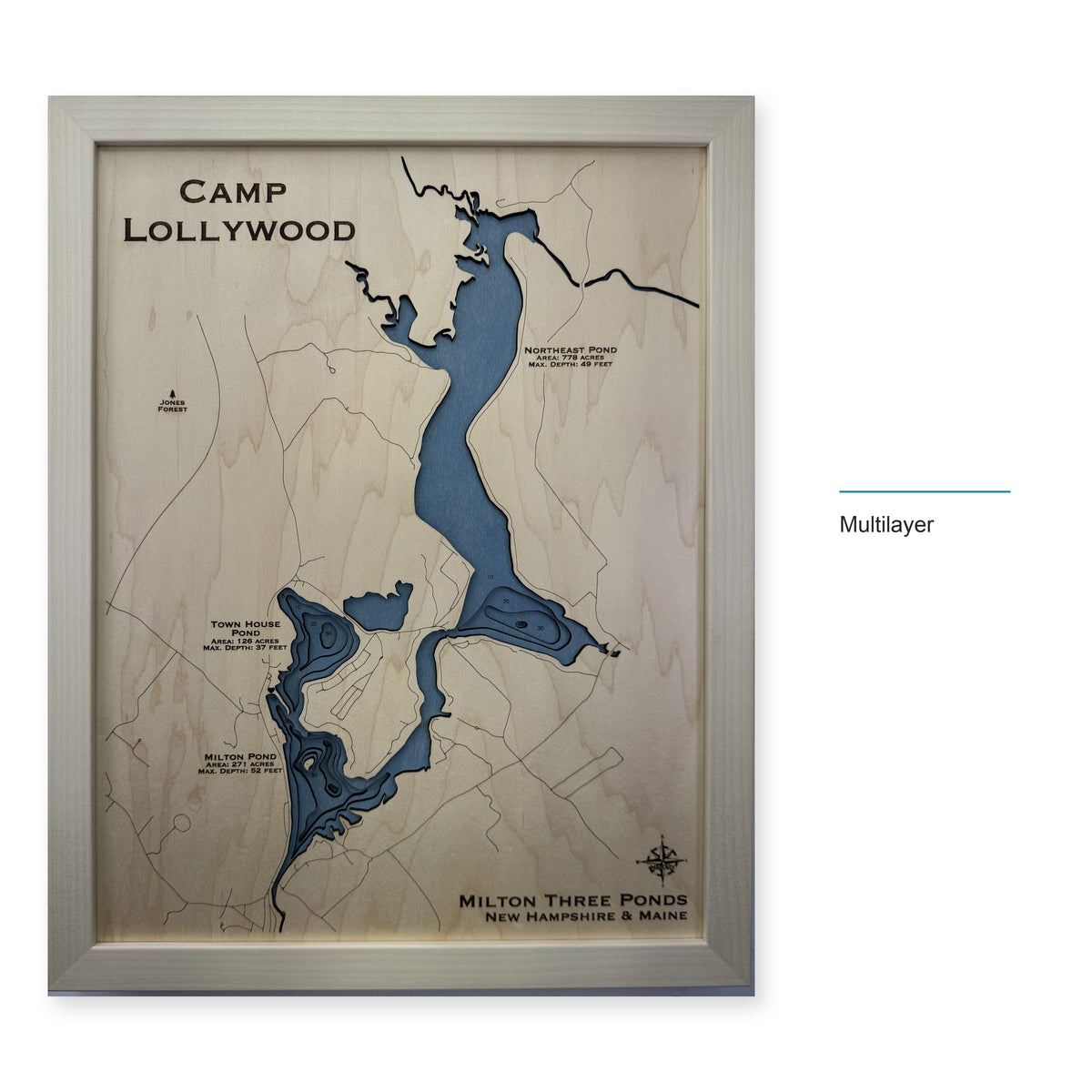 Milton Three Ponds New Hampshire and Maine Multilayer Wood Map — style-labeled photo [MC20261007 q2197 719237d27091]