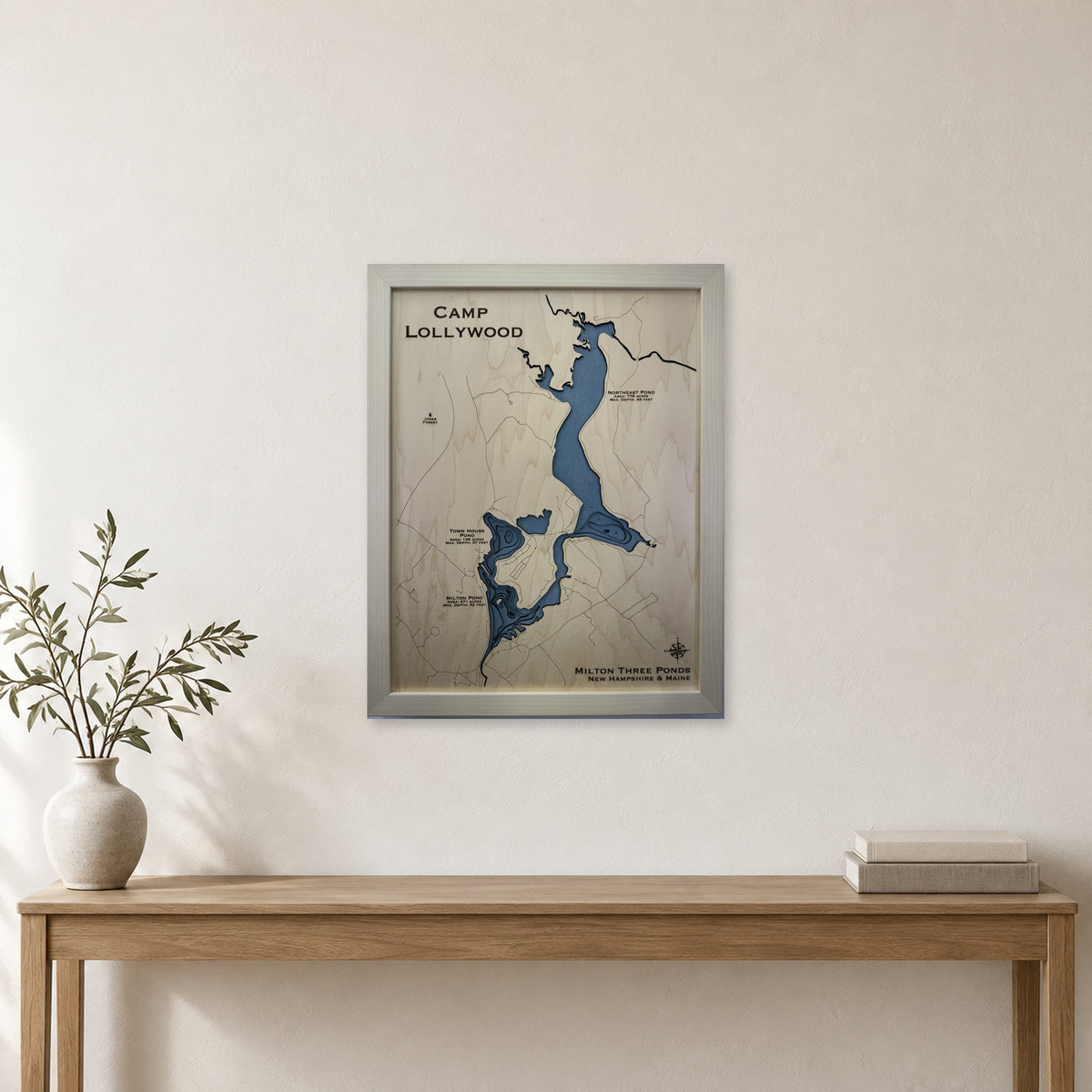 Milton Three Ponds New Hampshire and Maine Multilayer Wood Map — room mockup [MC20261007 q2197 256465b06731]