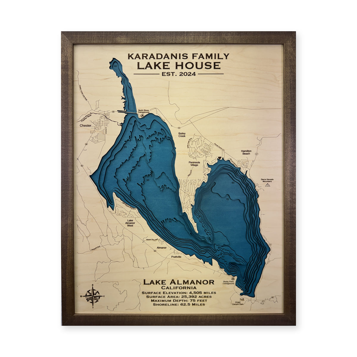 Lake Almanor California Multilayer Wood Map — plain-background photo [MC20261007 q2201 26bbc0a5d5ac]