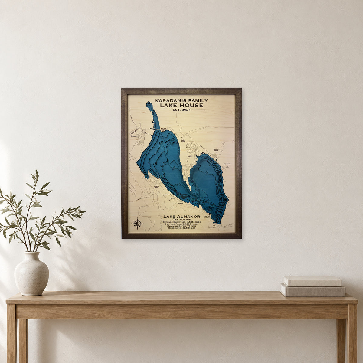 Lake Almanor California Multilayer Wood Map — room mockup [MC20261007 q2201 d410e8eba0b6]