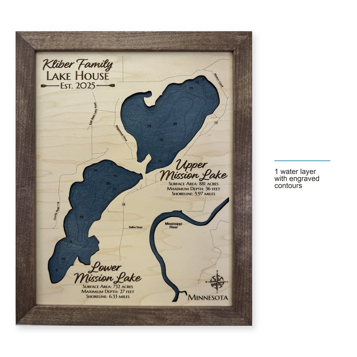 Upper and Lower Mission Lake Minnesota Wood Map — style-labeled photo [MC20261007 q2216 dd88fc3f0685]