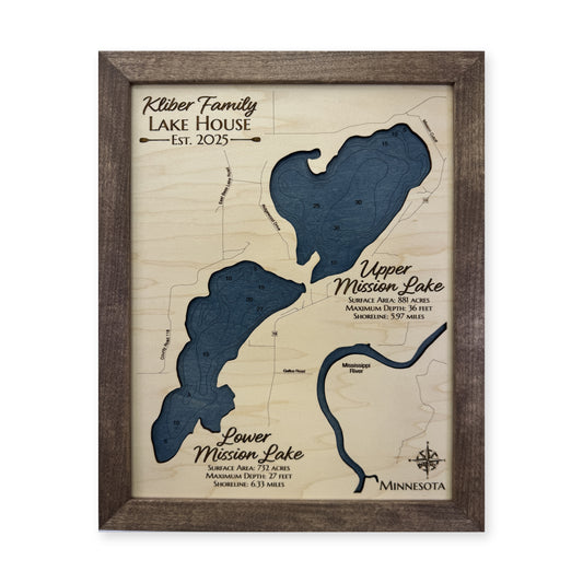 Upper and Lower Mission Lake Minnesota Wood Map — plain-background photo [MC20261007 q2216 b68ae9b574a6]