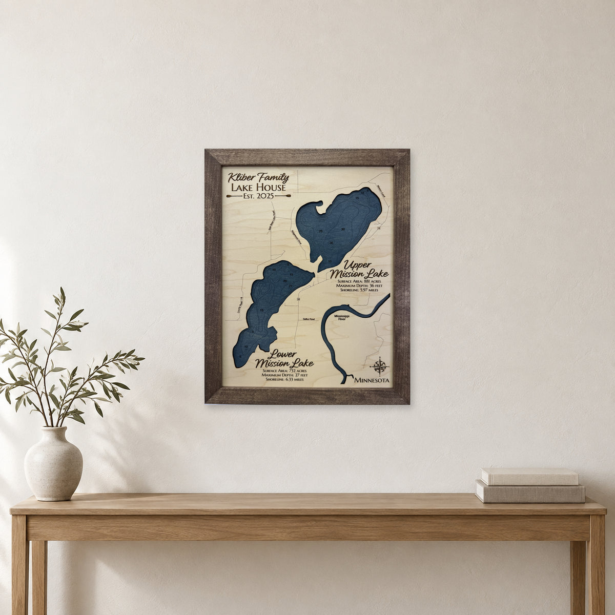 Upper and Lower Mission Lake Minnesota Wood Map — room mockup [MC20261007 q2216 fe16e53ce8cb]