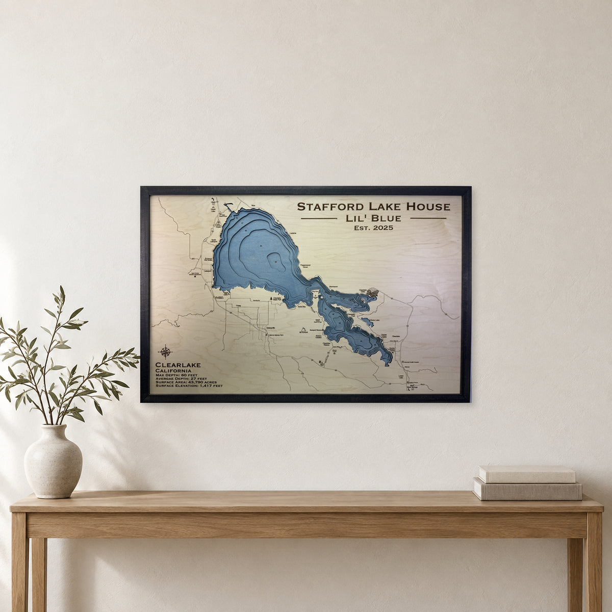 Clear Lake California Multilayer Wood Map — room mockup [MC20261007 q2311 fb6ee0a4a9ee]