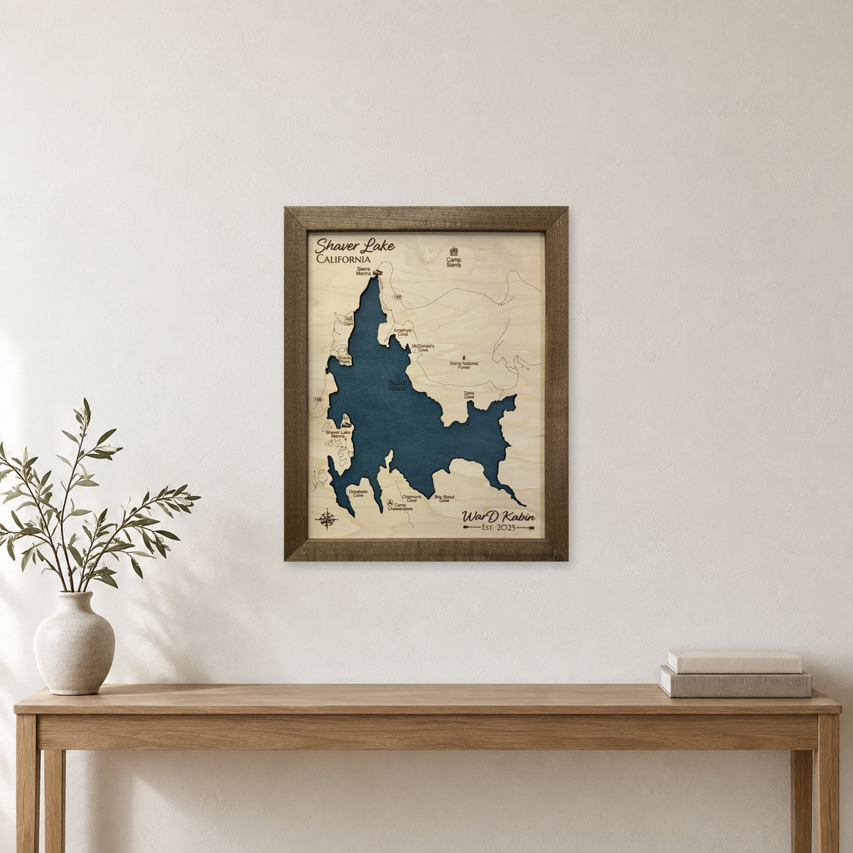 Shaver Lake California Wood Map — room mockup [MC20261007 q2322 ff8a79f4a906]