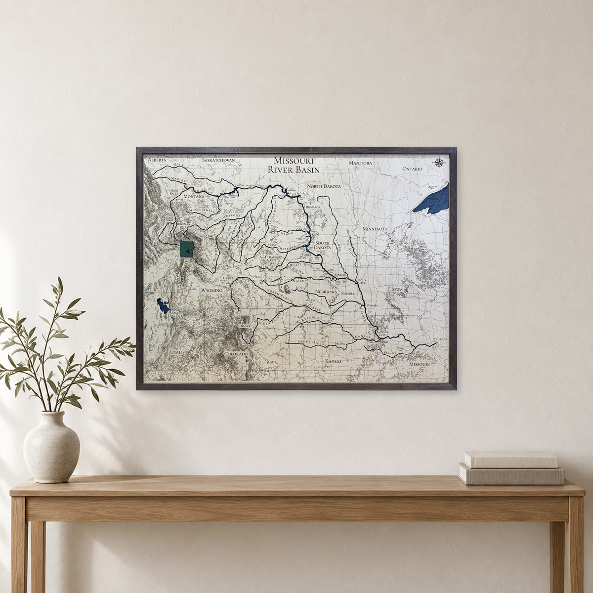 Missouri River Basin Topographic Wood Map — room mockup [MC20261007 q2346 e56f57eee311]