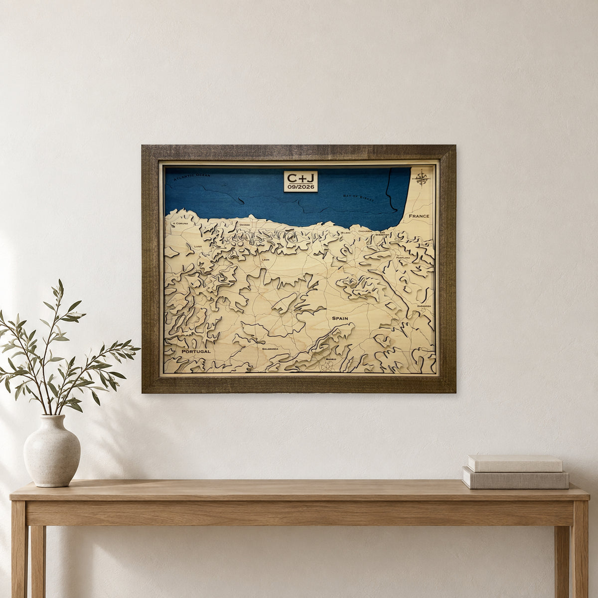 Northern Spain and Portugal Topographic Multilayer Wood Map — room mockup [MC20261007 q2567 2abb945e027d]