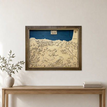 Northern Spain and Portugal Topographic Multilayer Wood Map — room mockup [MC20261007 q2567 2abb945e027d]