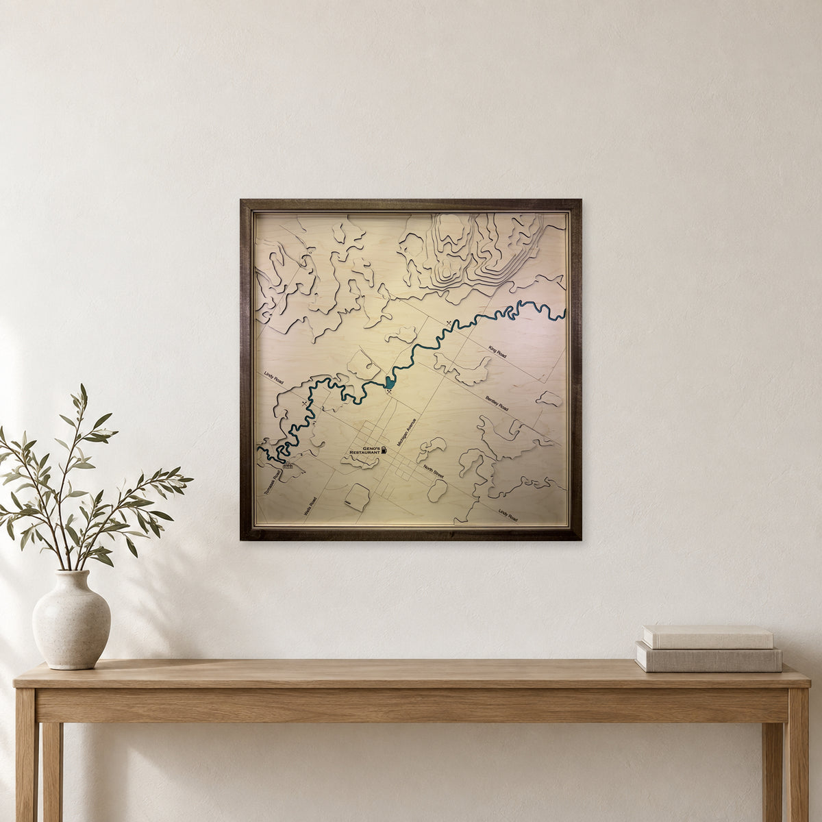 Betsie River Northern Michigan Topographic Multilayer Wood Map — room mockup [MC20261007 q2690 77bed547c5dd]