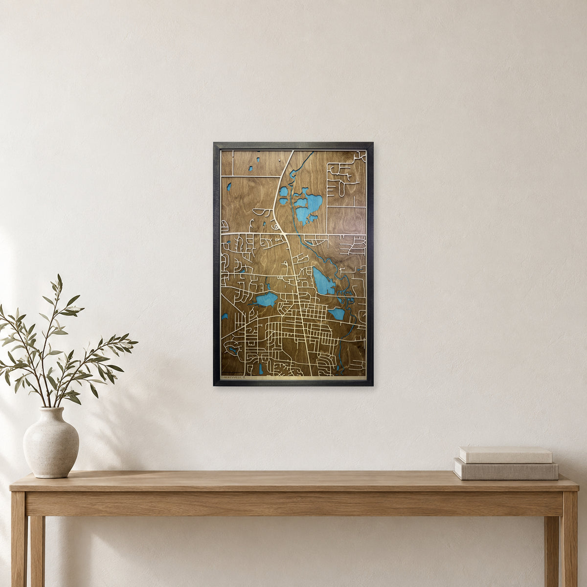 Libertyville Illinois Wood City Map — room mockup [MC20261007 q2711 dca9e671b0c5]