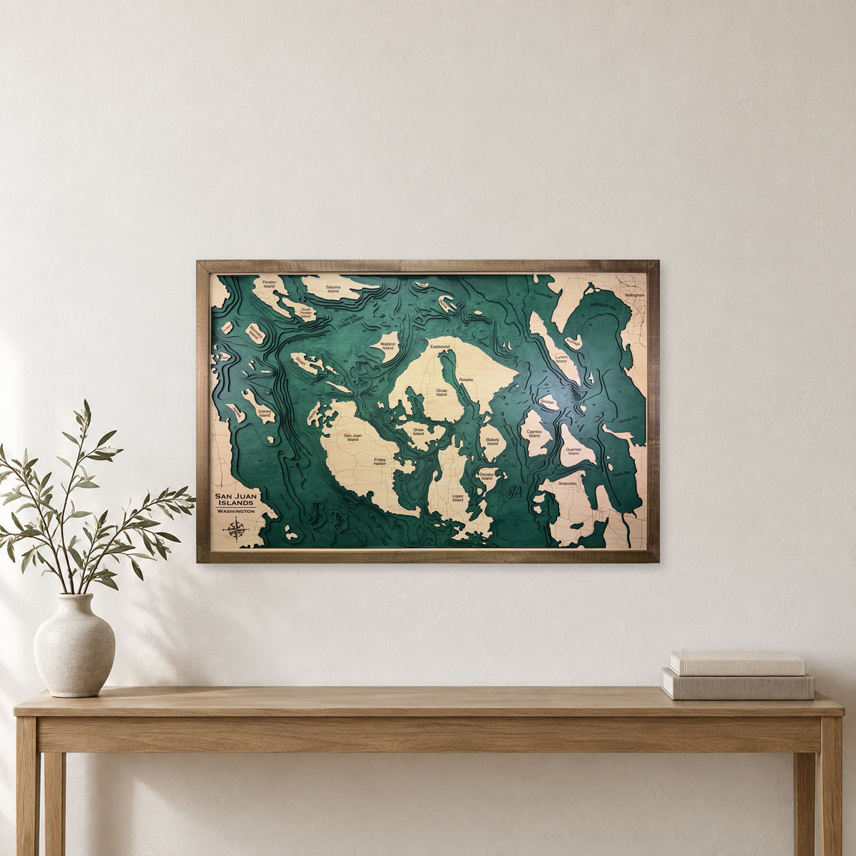 San Juan Islands Washington Multilayer Wood Map — room mockup [MC20261007 q2771 f1cd14174d08]