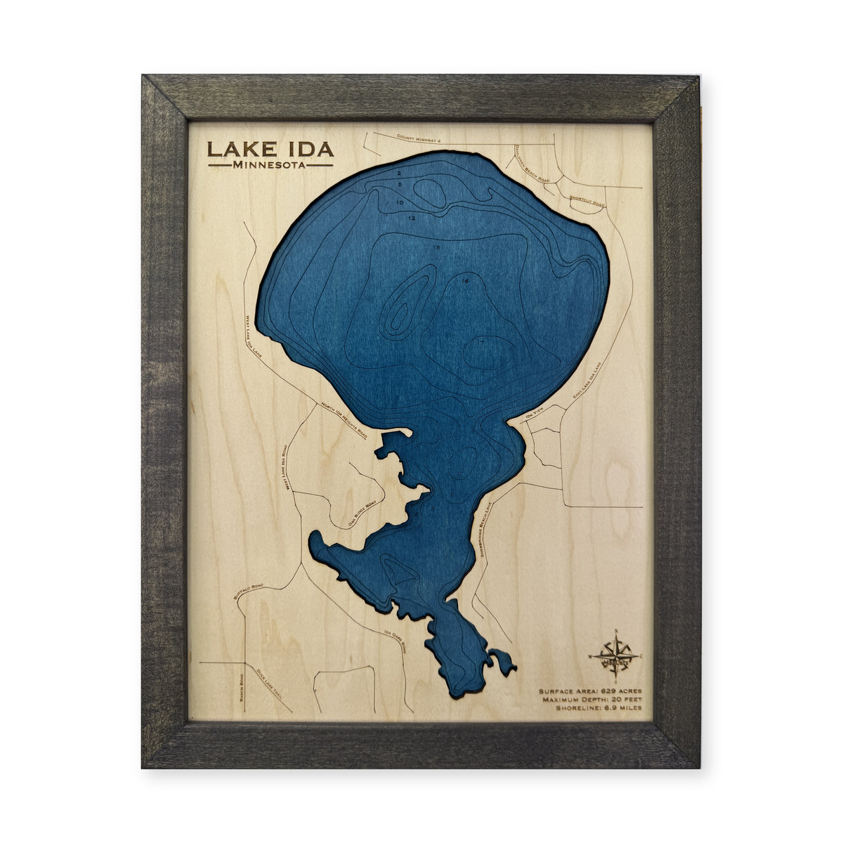 Lake Ida Becker County Minnesota Wood Map — plain-background photo [MC20261007 q2859 8a74594b2d7b]