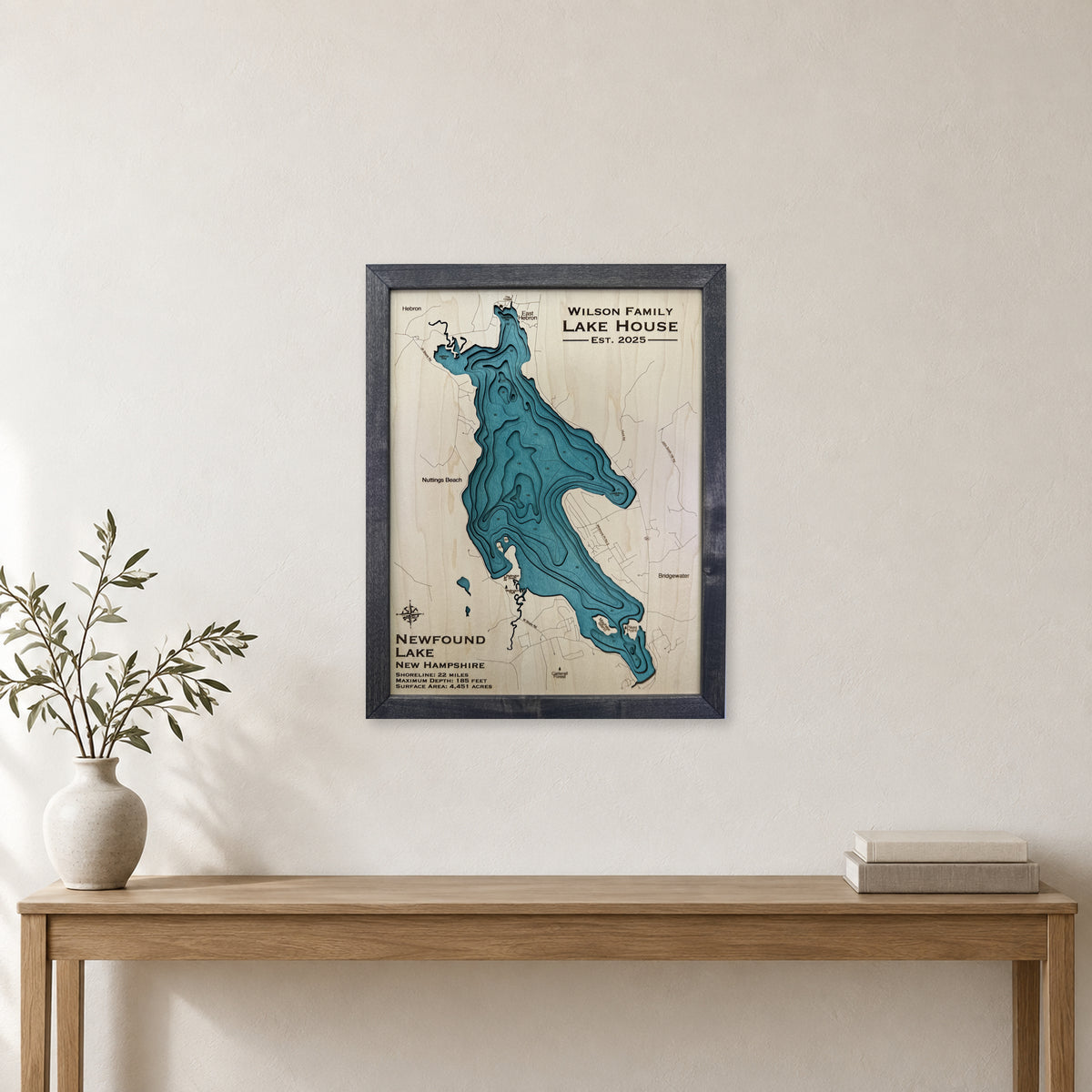 Newfound Lake New Hampshire Multilayer Wood Map — room mockup [MC20261007 q2875 14c165bbacbe]