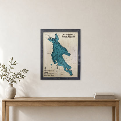 Newfound Lake New Hampshire Multilayer Wood Map — room mockup [MC20261007 q2875 14c165bbacbe]