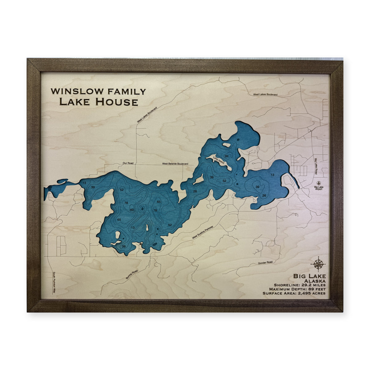 Big Lake Alaska Wood Map — plain-background photo [MC20261007 q2891 501cae463861]