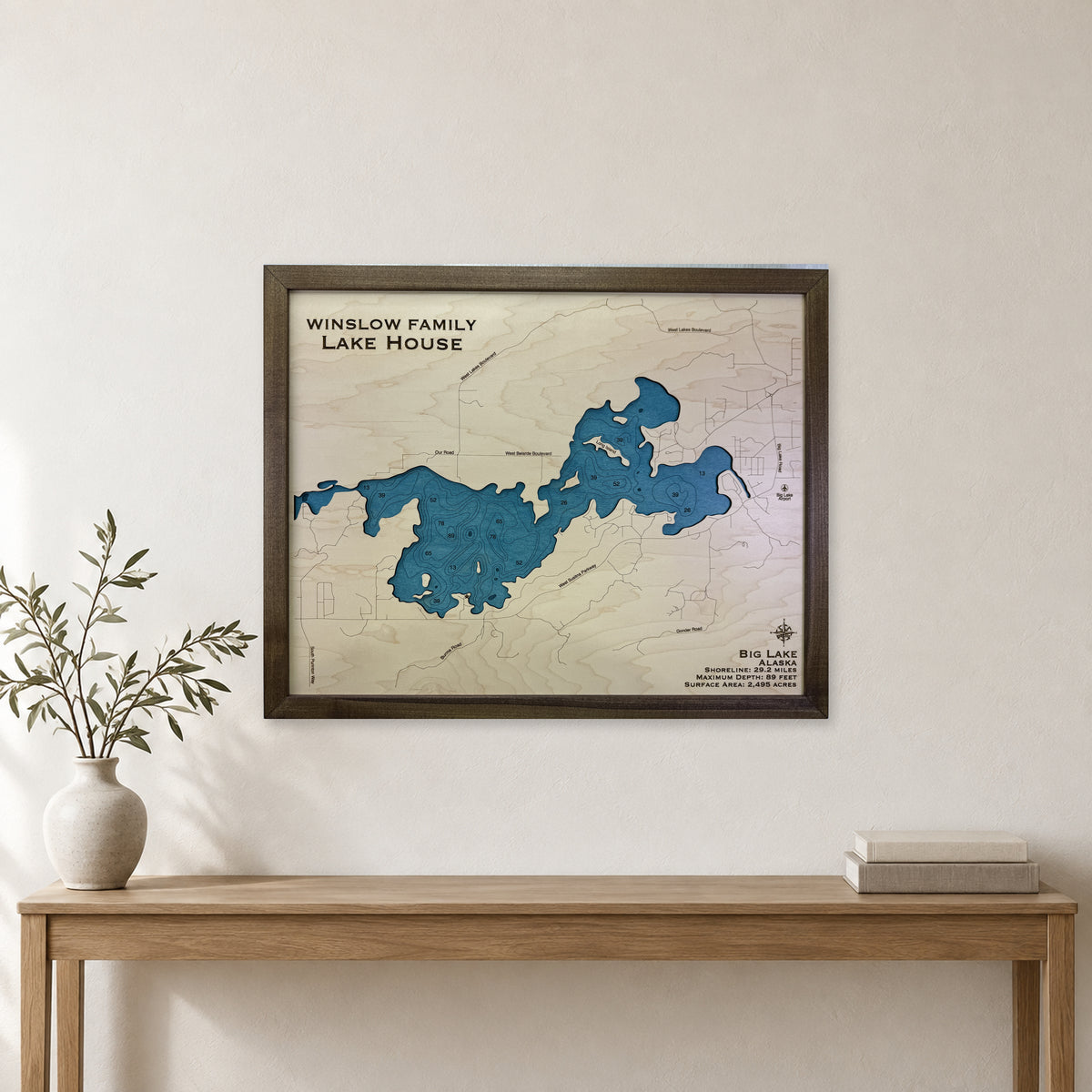 Big Lake Alaska Wood Map — room mockup [MC20261007 q2891 0749b663f671]