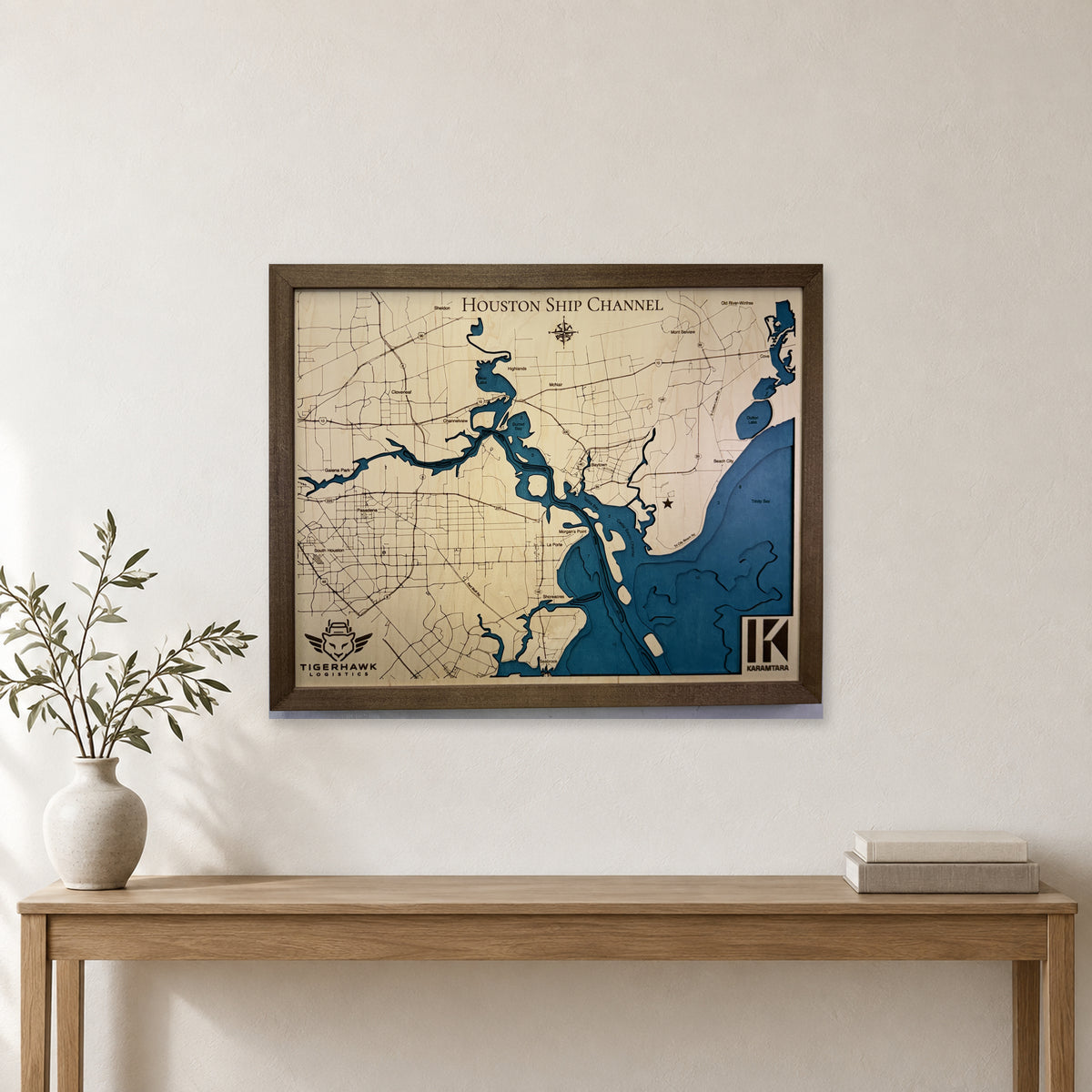 Houston Ship Channel Texas Multilayer Wood Map — room mockup [MC20261007 q3117 074e7690dd3c]