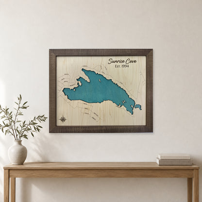 Sunrise Lake New Hampshire Wood Map — room mockup [MC20261007 q3547 32b1d3b7a36b]