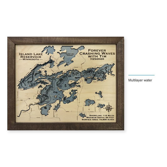 Island Lake Reservoir Minnesota Multilayer Wood Map — style-labeled photo [MC20261007 q3880 27012c81b898]