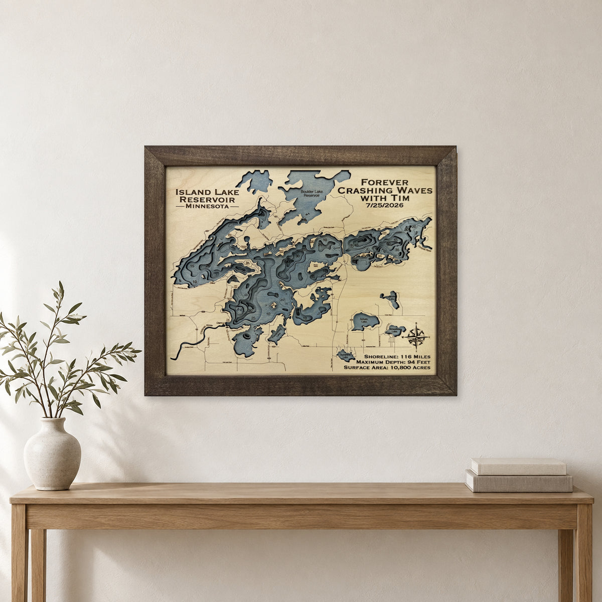 Island Lake Reservoir Minnesota Multilayer Wood Map — room mockup [MC20261007 q3880 ad0d6965ec59]