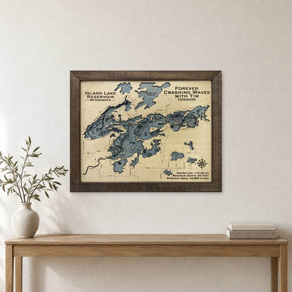 Island Lake Reservoir Minnesota Multilayer Wood Map — room mockup [MC20261007 q3880 ad0d6965ec59]