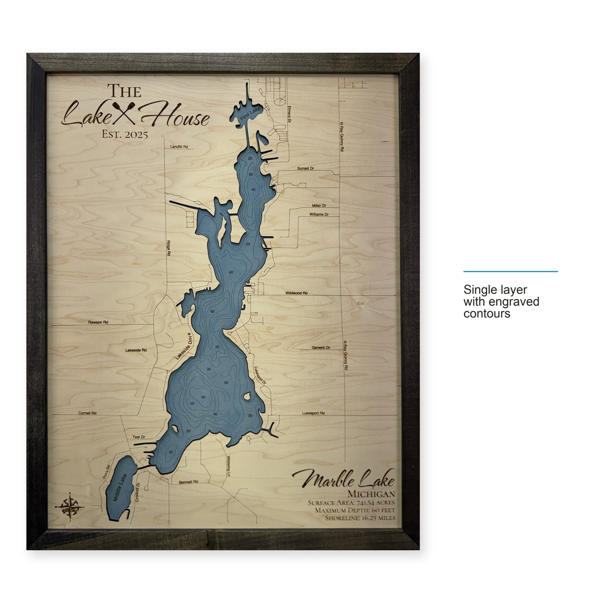 Marble Farns wood map — single layer with engraved contours, layer option shown