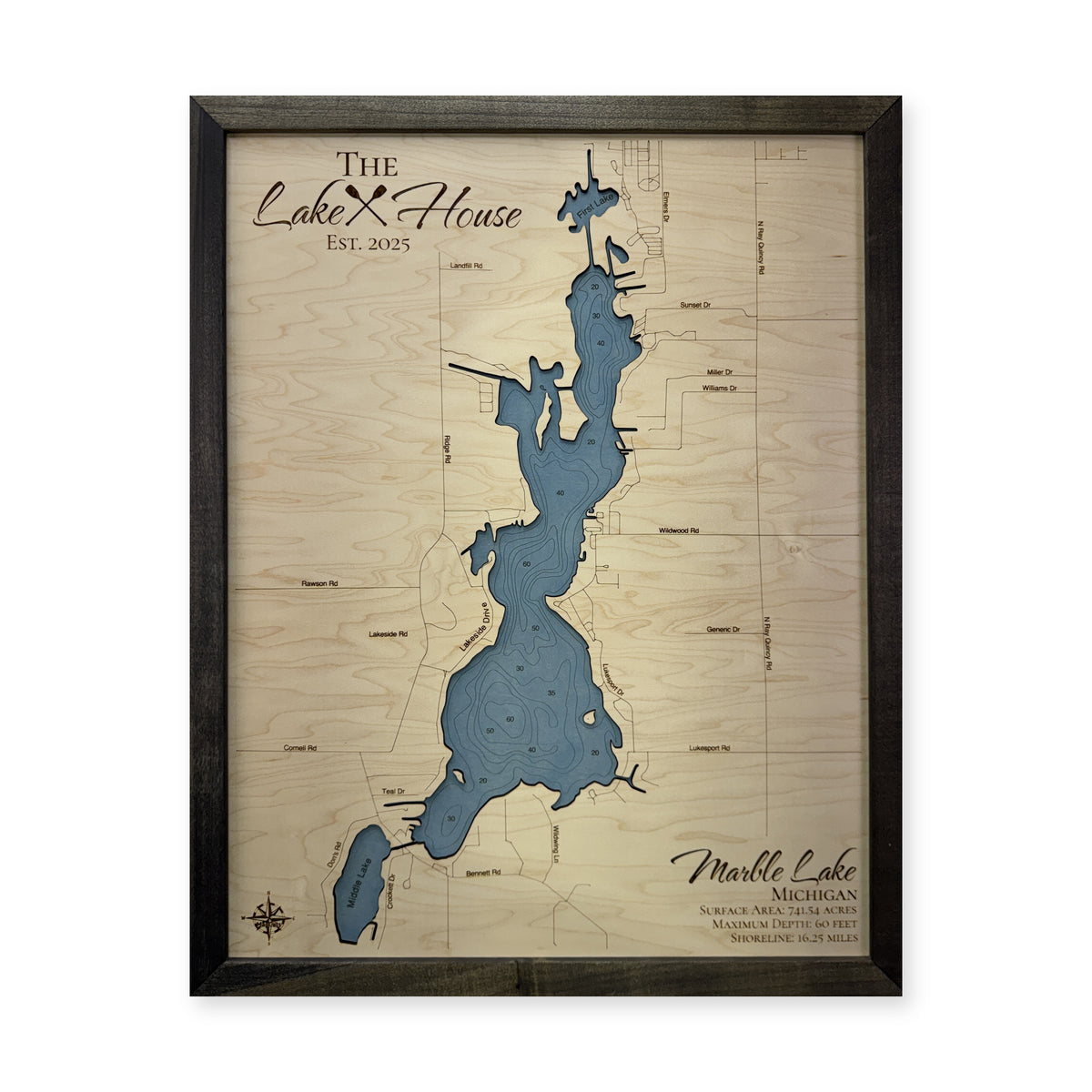 Marble Farns wood map — single layer with engraved contours, white background