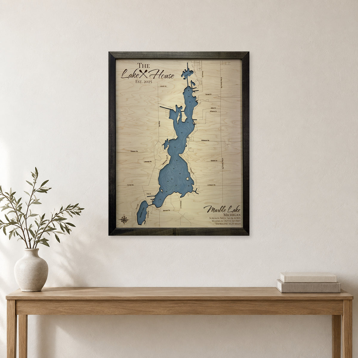 Marble Farns wood map — single layer with engraved contours, staged room mockup