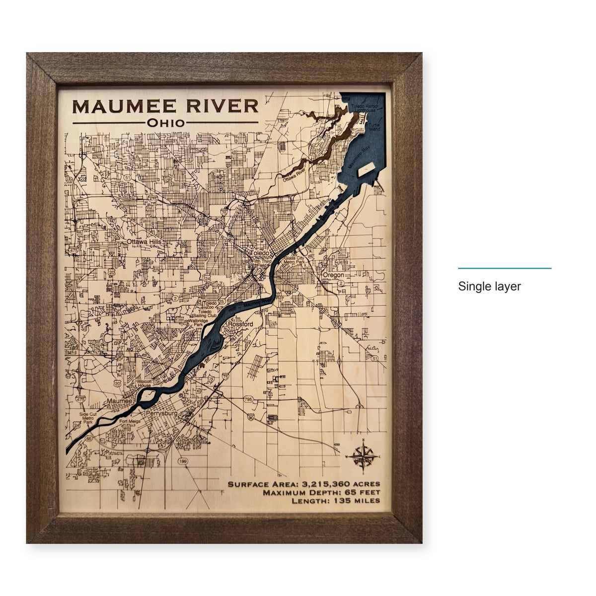 Maumee River Walnut wood map — single layer, layer option shown