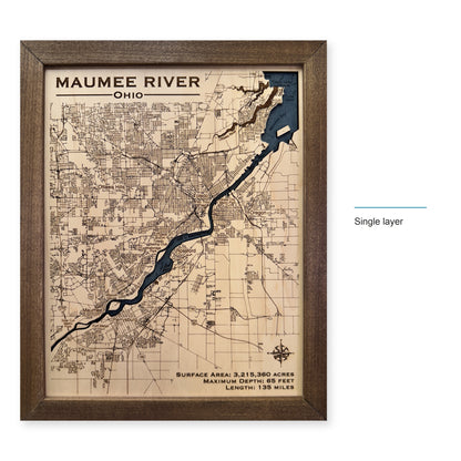 Maumee River Walnut wood map — single layer, layer option shown