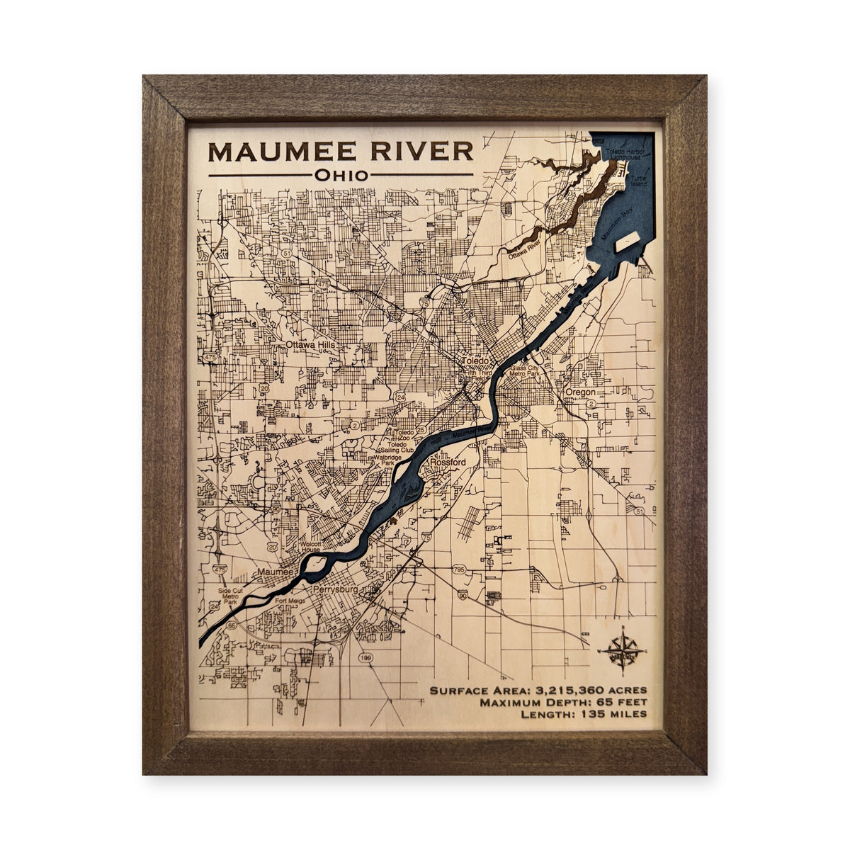 Maumee River Walnut wood map — single layer, white background