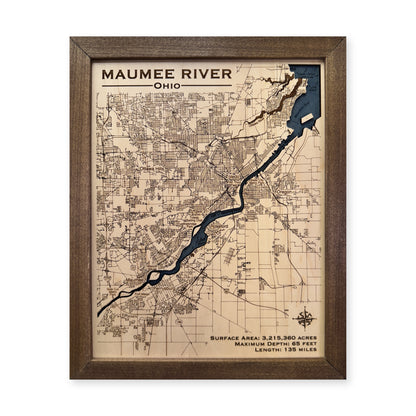 Maumee River Walnut wood map — single layer, white background