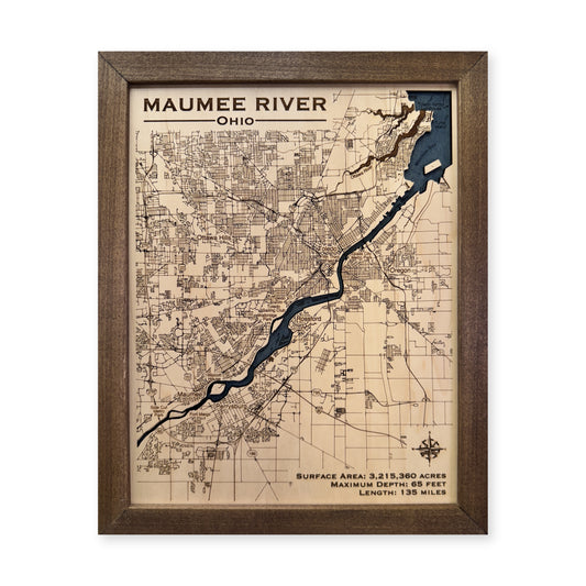 Maumee River Walnut wood map — single layer, white background